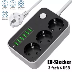 Steckdosenleiste 3-Fach 6 USB Mehrfachsteckdose mit Flachstecker und Schalter DE - Bild 1 von 15