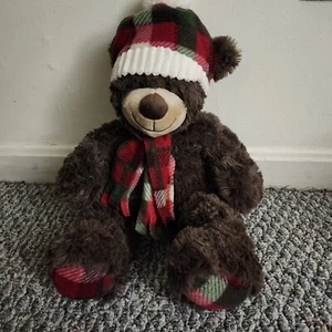 Gentle Treasures Brown Teddy Bear Plush Plaid Scarf Hat 16" Christmas Lovey Toy - Picture 1 of 5