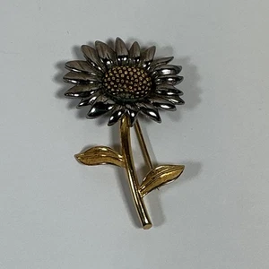 Vintage Liz Claiborne 80s Gold Silver Tone Sunflower Brooch Pin 2" LC Signed - Picture 1 of 4