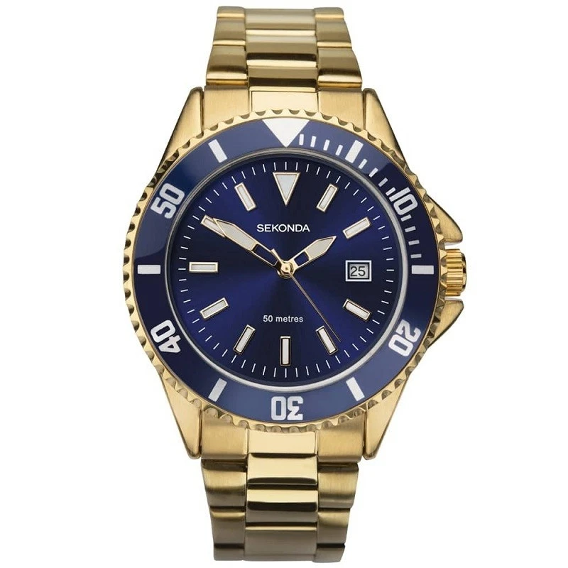 Sekonda Mens Quartz Watch With Blue Dial Analogue Display and Gold Plated 1516