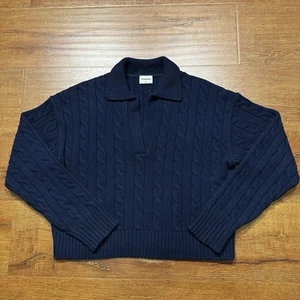 Aritzia Sunday Best Crop Sweater Polo S Blue Cable Knit Merino Wool Country Club - Picture 1 of 11