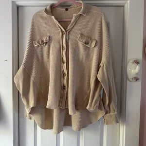 Free People FP One Scout Distressed Jacke Waffelstrick Oversized Beige Shirt OS - Bild 1 von 8
