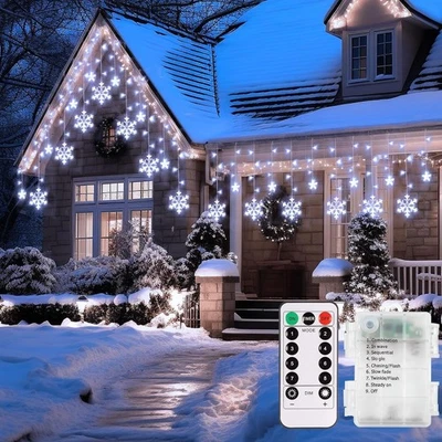 Christmas Window Lights Battery Powered, 144 LED 12 Snowflake Curtain Lights wit - Image 1 of 4
