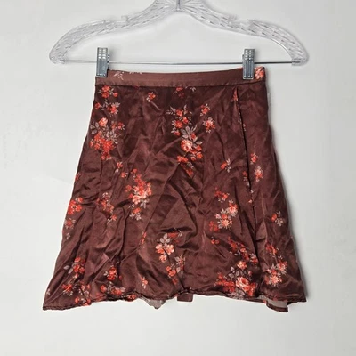 Reformation XS Silk Brown Floral Print Casual Satin Wrap Lightweight Mini Skirt - Image 1 of 4