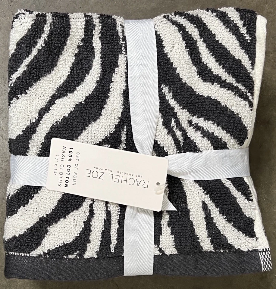 Rachel Zoe Grey Zebra Stripes Wash Cloth Towels Set Of 4 NWT - Image 1 of 1