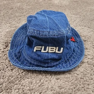FUBU Cappello Secchiello Adulto Taglia Unica Blu Denim Logo Spellout Traspirante 100% Cotone - Foto 1 di 10