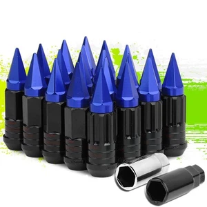JDM STEEL BLUE M12X1.5 22MM OD SPIKED CAP 75MM RIM LUG NUTS 20PCS/SET+ADAPTER - Picture 1 of 5