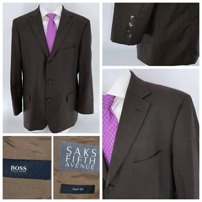Blazer Hugo Boss Rossellini EE. UU. 44R Marrón Cuadros Super 100s Lana 3B 1V YGI U4-113 Foto 1 de 4