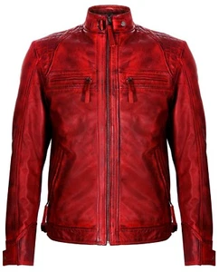 Men's Vintage Red Retro Casual Zipped 100% Leather Racing Quilted Biker Jacket - Picture 1 of 5