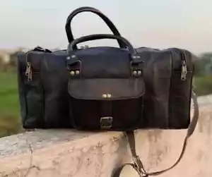 Tasche Leder Reise schwarz Seesack Gepäck Weekender Übernachtung Vintage 24 Z... - Bild 1 von 10