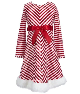 Bonnie Jean- Red & White Shimmer Christmas Dress, Faux Fur Trim Girls Size 12 - Image 1 of 4