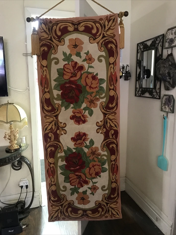 Bombay Company Large Tapestry 25 1/2 X86 Reds Golds Green Flowers With Cream - Image 1 of 4