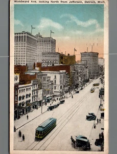 POSTCARD WOODWARD AVENUE LOOKING NORTH FROM JEFFERSON DETROIT MICHIGAN - Picture 1 of 2