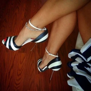 Women Black and White Stiletto Heels Dress Prom Shoes Peep Toe Ankle Strap Pumps - Picture 1 of 10