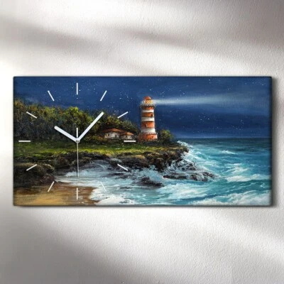 Dekor Leinwand Uhr Wandbilder 60x30 Gemälde Küste Ozean Wellen Leuchtturm - Bild 1 von 4