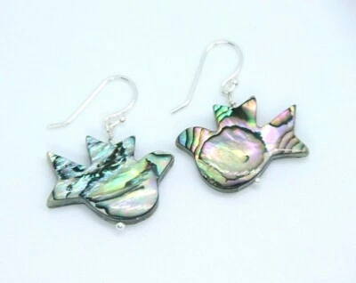 Pendientes Abulón Paua Concha Pájaro Paloma Forma Plata de Ley 925 Iridiscente 1" Foto 1 de 4