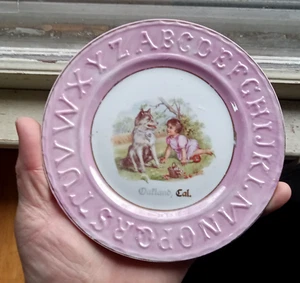 1890s PORCELAIN OAKLAND,CAL SOUVENIR ABC PLATE CHILD'S ALPHABET PLATE GIRL & DOG - Picture 1 of 5