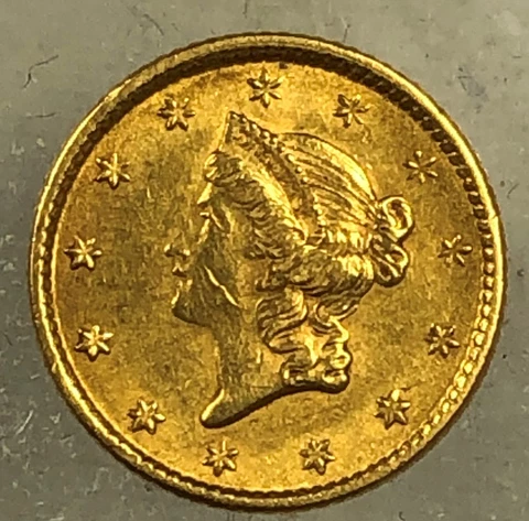 1853 United States Gold Dollar. Type 1. Sharp Detail, Almost Unc. Luster Cover