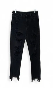 Pantalones de mezclilla American Eagle tiro alto mamá 10 negros desgastados rasgados dobladillo crudo - Imagen 1 de 9