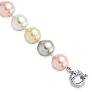 Sterling Silver 12-13mm Multi-Color Shell Pearl Hand-knotted Bracelet 7.5" - Picture 1 of 4