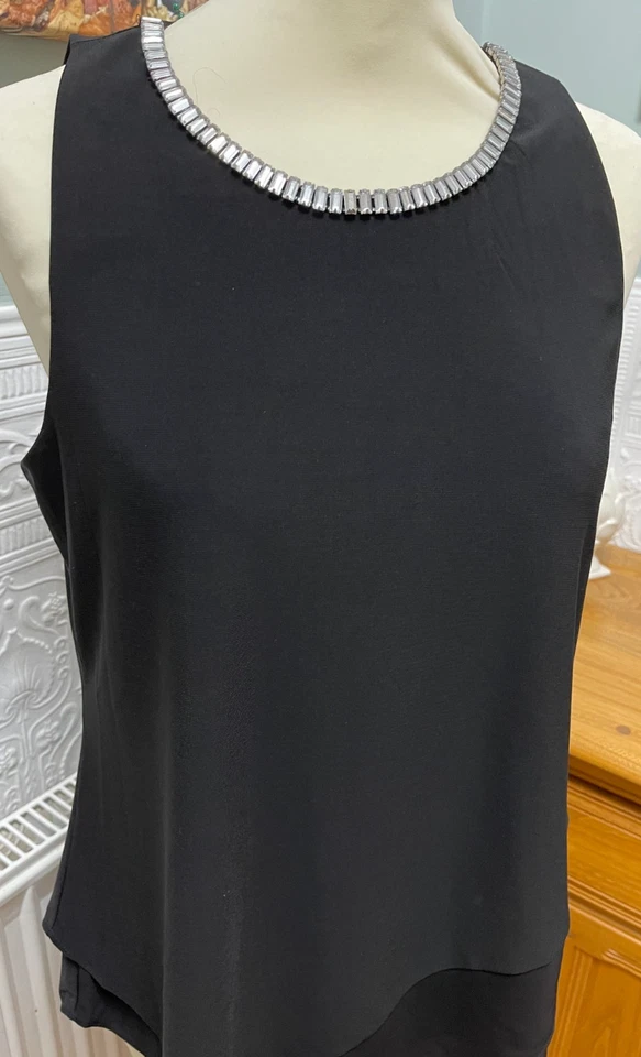 COCO BIANCO ELEGANT BLACK EVENING TOP WITH DIAMANTE NECK DETAIL SIZE M 12 ASYMM - Image 1 of 4