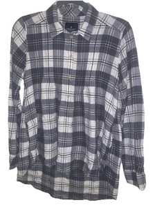 American Eagle Shirt Womens Plaid Pockets 1/2 Button-Up Gray White M - Picture 1 of 5