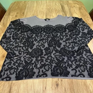 Bob Mackie Wearable Art Grey Black Floral Lace Print LS Top Womens Size 2X - Picture 1 of 8