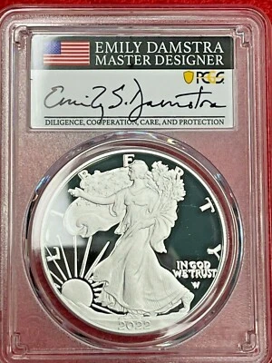 2022- W  1$ Silver Eagle PCGS PR70DCM  Advanced Release Damstra Signed - Image 1 of 4