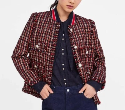 ZARA WOMAN TWEED JACKET BLAZER WITH STRIPED DETAIL Sz Medium M Red Blue White - Image 1 of 4