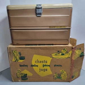 Little Brown Chest Metal Insulated Cooler Vintage With Tray, Opener & Ice Pick - Picture 1 of 18