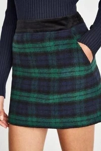 Jack Wills Hammerling Check Tartan Wool Blend Velvet Band Green Mini Skirt 10 - Picture 1 of 9