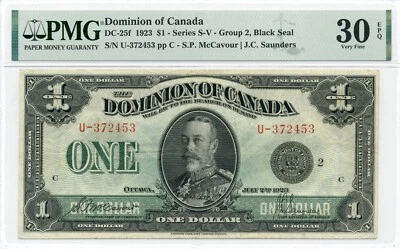 1923 $1 Dominion of Canada, Group 2, Black Seal, DC-25f - Very Fine, PMG VF30 - Image 1 of 2