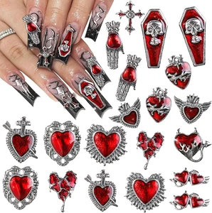 22 Stck. Valentinstag Gothic Nagel Charms French Retro Rot Herz Kreuz Grabstein - Bild 1 von 12