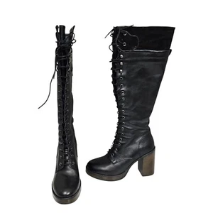 Steve Madden Womens 8 Nitefall Black Leather Heeled Knee High Combat Boots - Picture 1 of 12