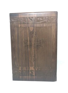 Wood Cremation Urn-222lb Limit, Walnut Stained Pine Wood- Etched Cross Design. - Picture 1 of 20