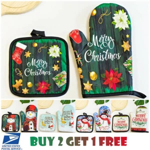 2PCS Oven Mitts and Pot Holders Set Christmas Cartoon Snowman Cotton - Picture 1 of 9
