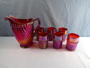Westmoreland Red Carnival Glass Ball & Swirl Water Set - Pitcher & 6 Tumblers #3 - Picture 1 of 12