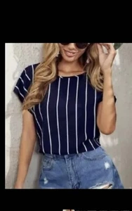 Kurzarm Pullover U-Ausschnitt Bluse Größe 12 gestreift - Bild 1 von 3
