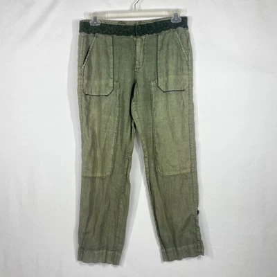 Pantalones cargo HEI Anthropologie de lino verde talla 30 bordados recortados Foto 1 de 4