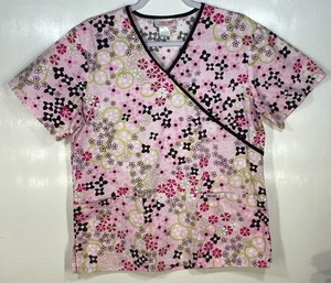 Blusa Médica Mujer Talla S Pequeña Abstracta Mod Flores Flor de Cerezo Rosa Lima Negro - Imagen 1 de 3