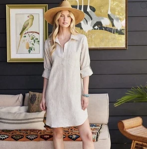 Karen Kane Women’s Large Linen Roll Sleeve Shirt Dress Oat Color NWT - Picture 1 of 16
