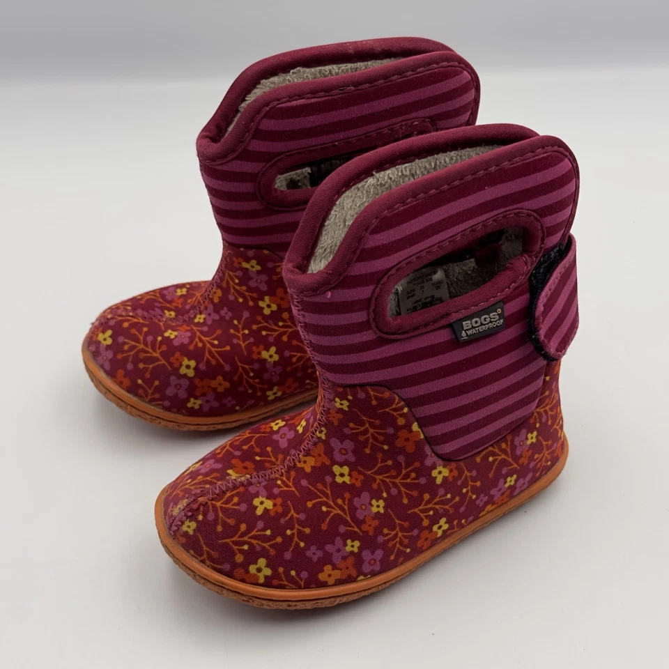 BOGS Waterproof Winter Boots Toddler 7 Flower Stripes Mid Faux Fur Rose Floral - Imagem 1 de 4