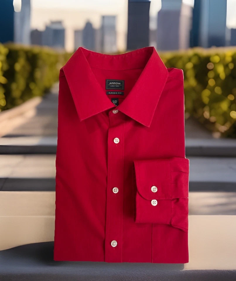 Camisa de vestir Arrow para hombre talla XL 17, 17 1/2-32/33 roja manga larga calce clásico Foto 1 de 4
