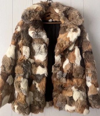 Vintage 70s Genuine Rabbit Fur Patchwork Coat Women’s L Retro designer Jacket - Image 1 of 4