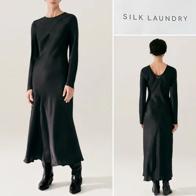 SILK LAUNDRY NWT$585 Black Splice Silk Full Sleeve Bias Cut Dress L/12Aus-UK/8US - Image 1 of 4