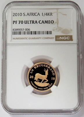 2010 GOLD SOUTH AFRICA 1/4 KRUGERRAND COIN NGC PROOF 70 ULTRA CAMEO - Image 1 of 2