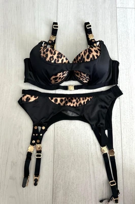 Honey Birdette Satin Push Up Animal Print Bra & Garter Set Sz 34D / M EUC - Image 1 of 4