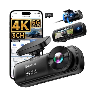 3 Channel Dash Cam, SARMERT 4K Dash Cam Front Inside and Rear with Free 64GB ... - Image 1 of 4