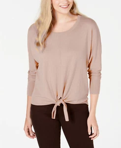 Style Co Women Petite PL Sweater Beige Tie Front Seam Long Sleeves Round Neck - Picture 1 of 9