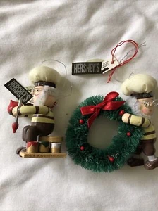 Vintage 1995 Hershey’s Wooden Elf Painter and Elf Holding a Wreath Ornament - Picture 1 of 7